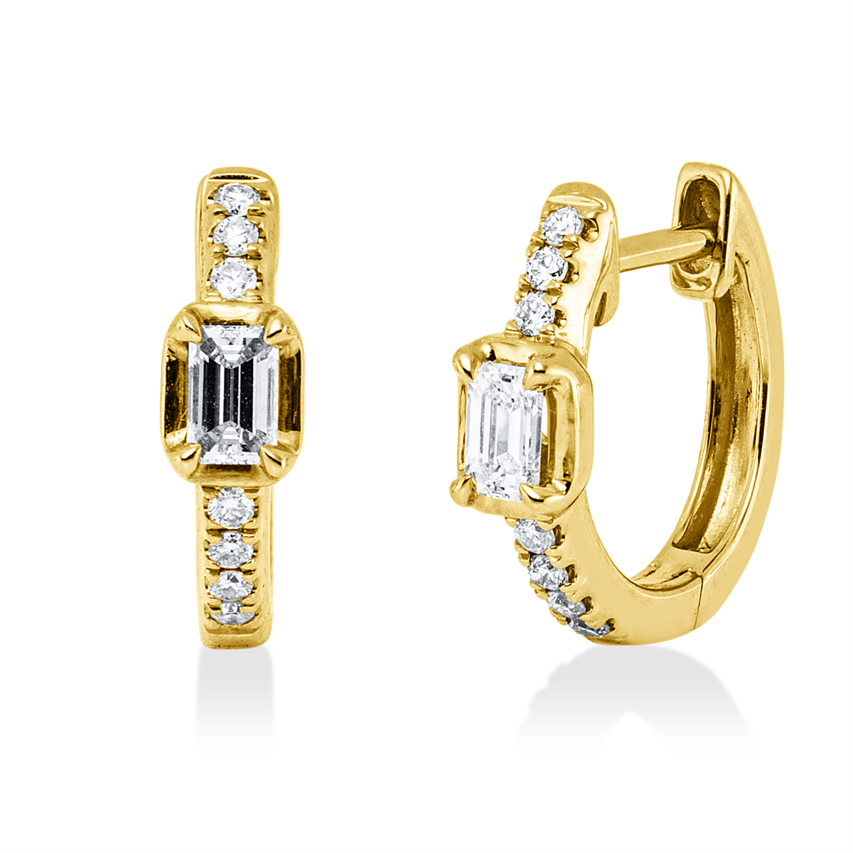 diamond full cut  baguette hoops & huggies in yellow gold