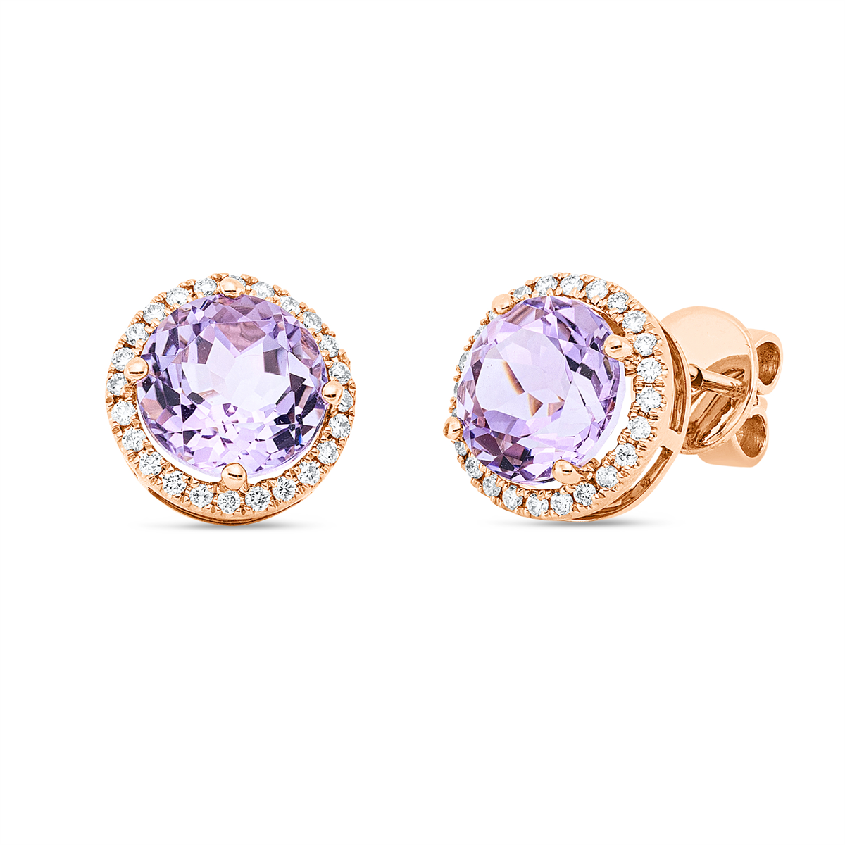 diamond full cut amethyst colored stone fashion studs in red gold