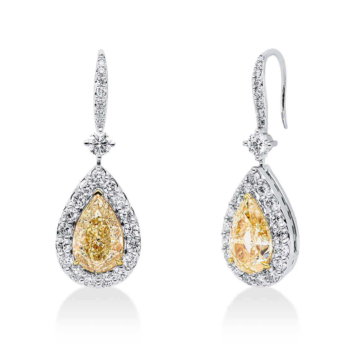 pear shape  fancy colored diamond earhook in white gold / yellow gold