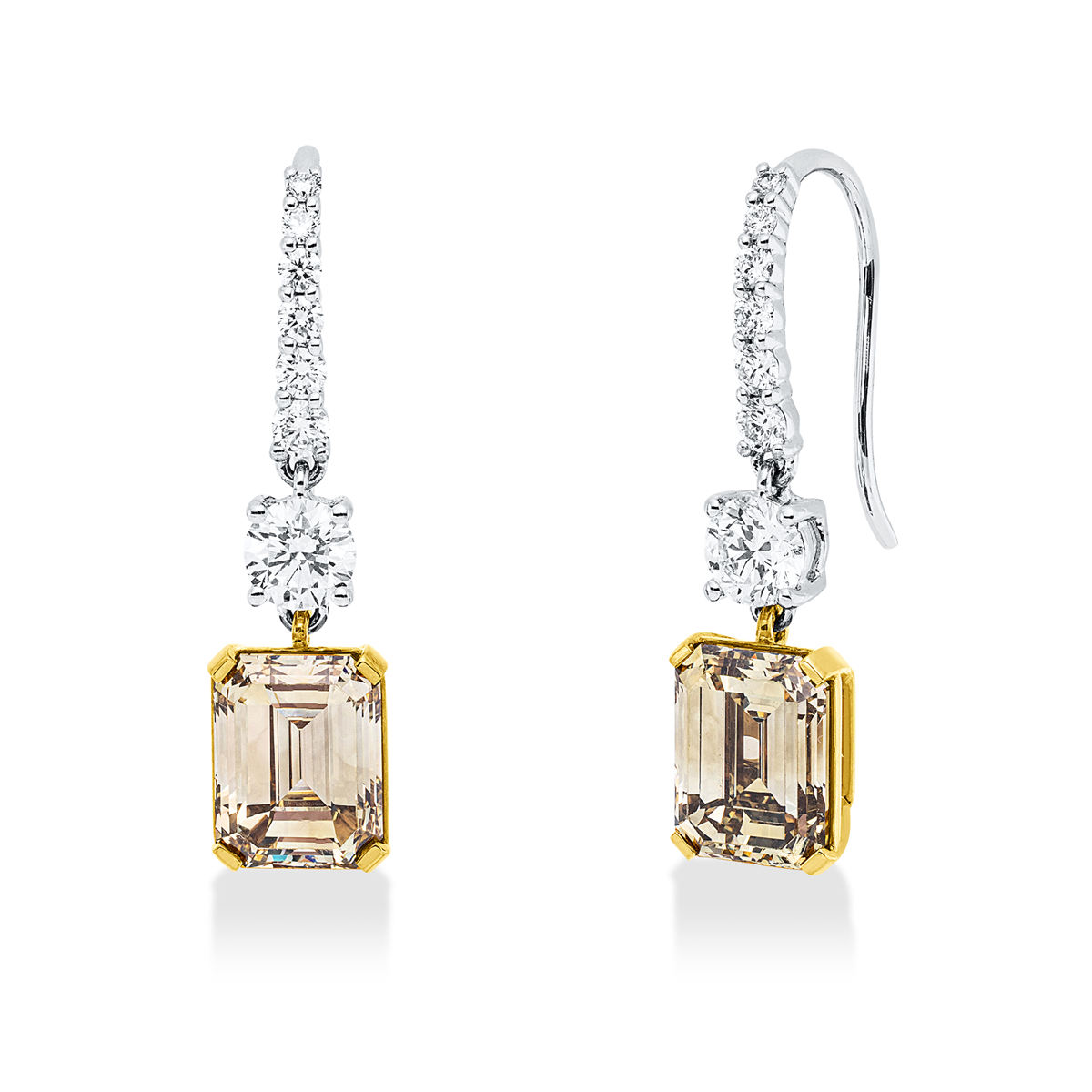 emerald cut  fancy colored diamond earhook in white gold / yellow gold