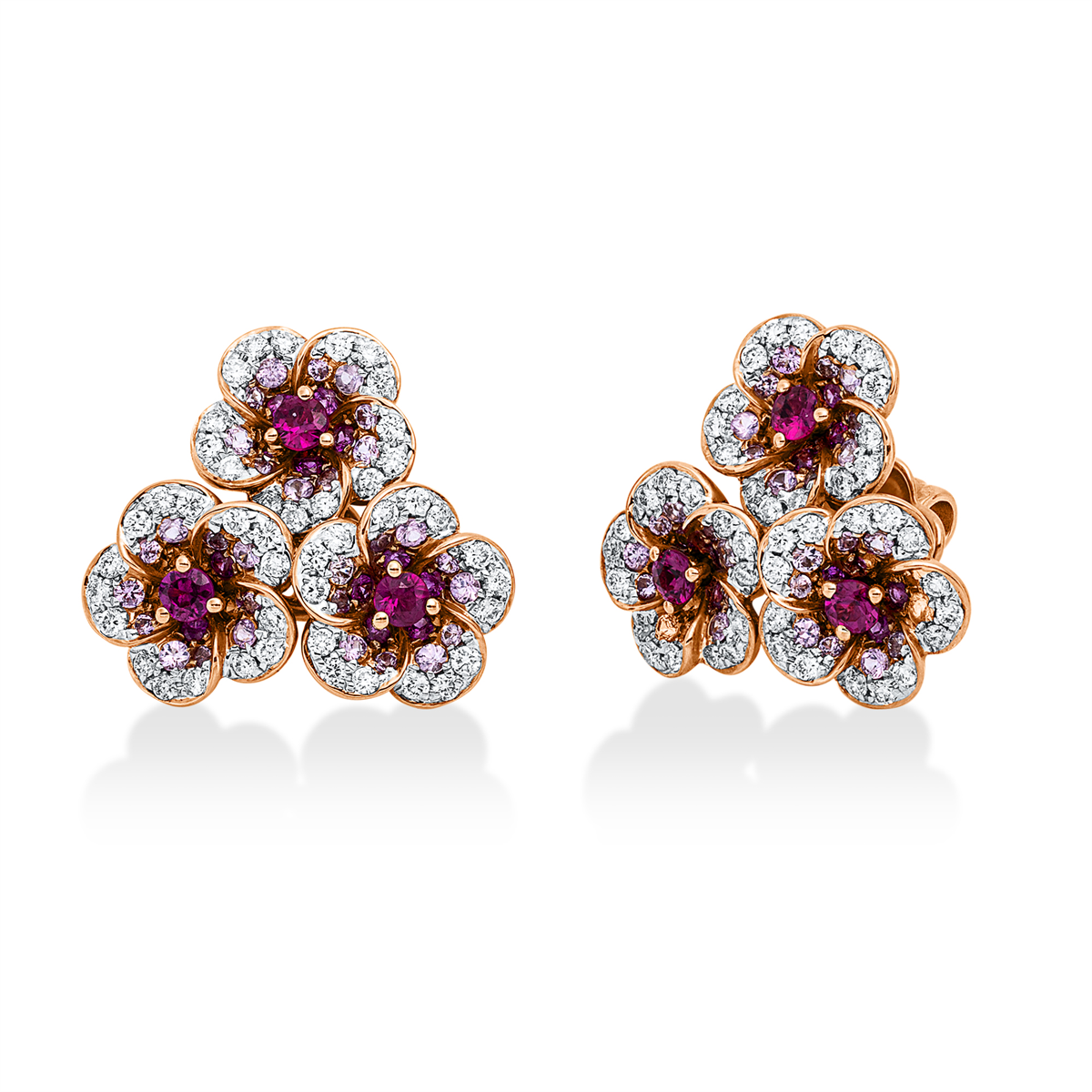 diamond full cut ruby colored stone classic studs in red gold / white gold
