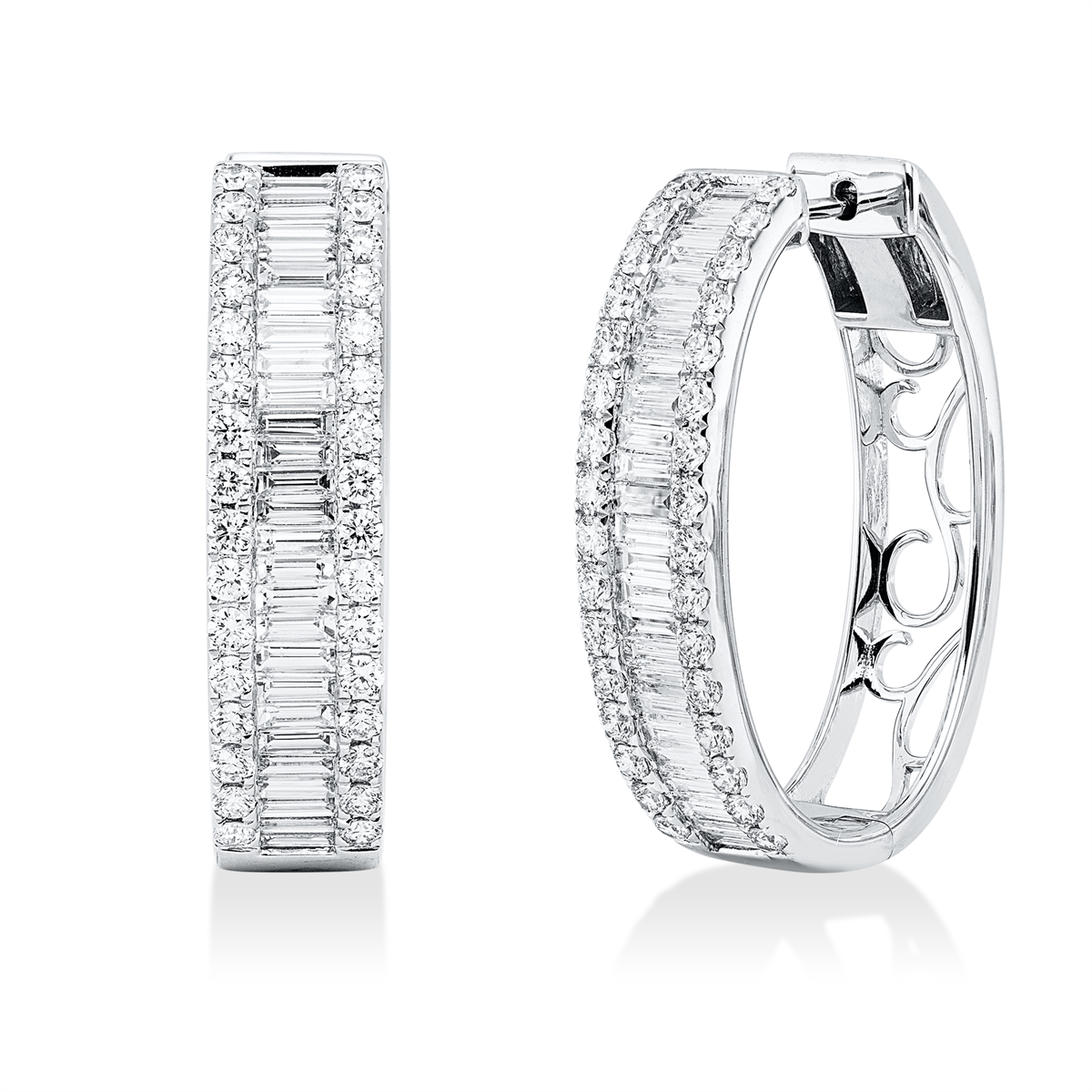 diamond full cut  baguette hoops & huggies in white gold