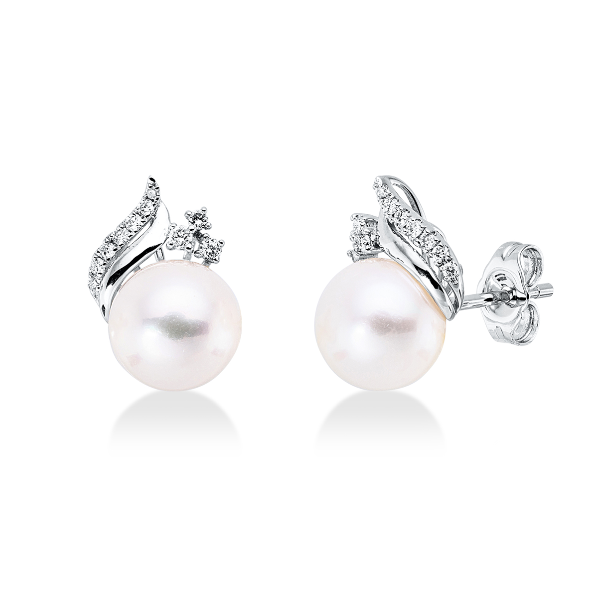diamond full cut  pearl studs in white gold