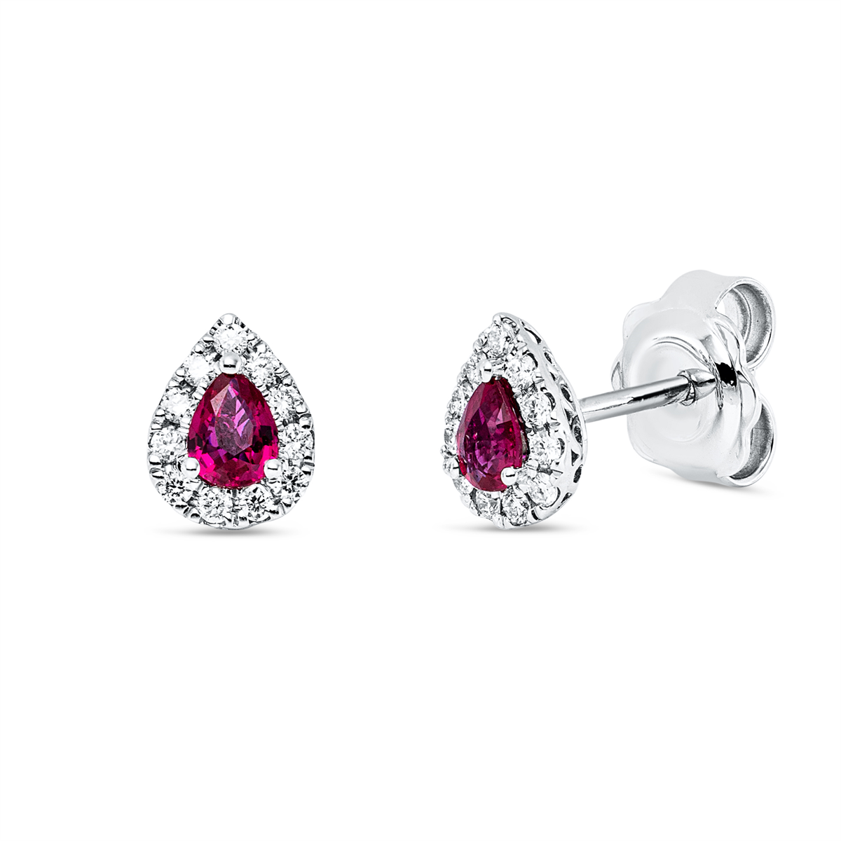 diamond full cut ruby colored stone classic studs in white gold