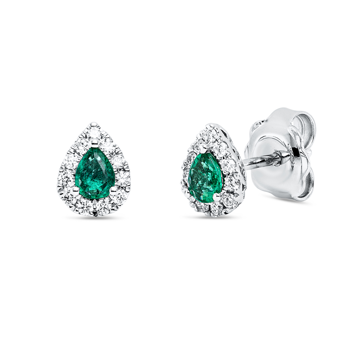 diamond full cut emerald colored stone classic studs in white gold