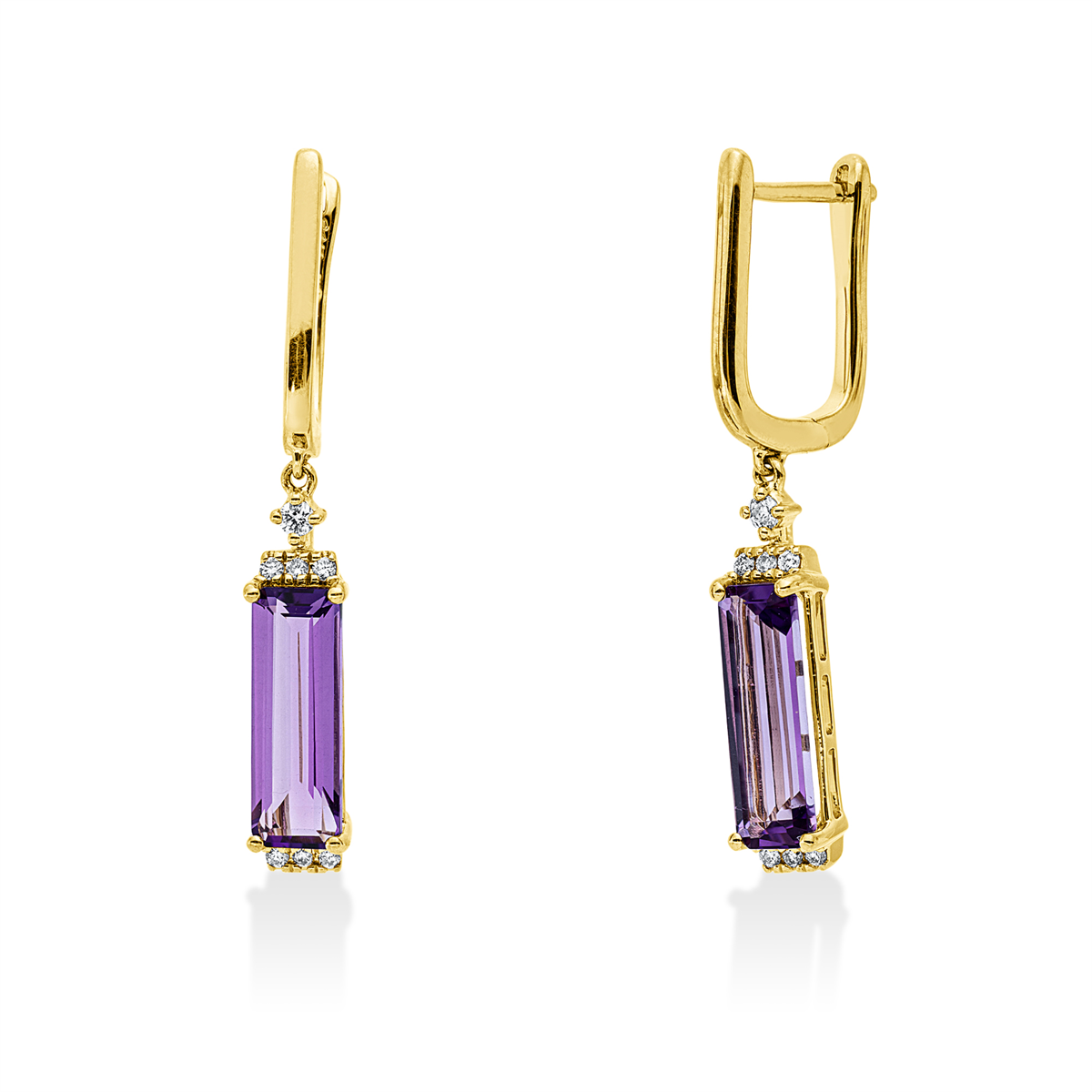 diamond full cut amethyst colored stone fashion earrings in yellow gold