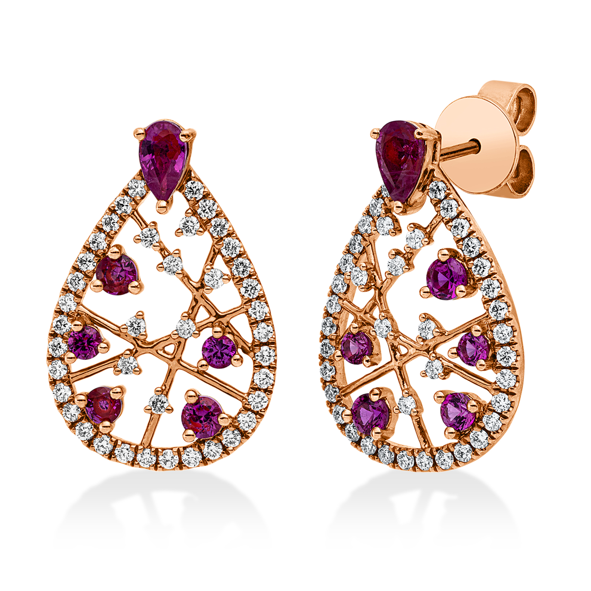 diamond full cut ruby colored stone classic earrings in red gold