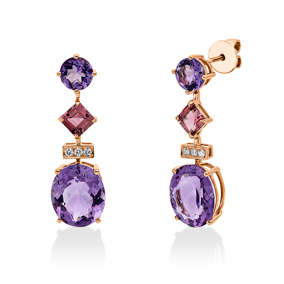 diamond full cut tourmaline colored stone fashion earrings in red gold