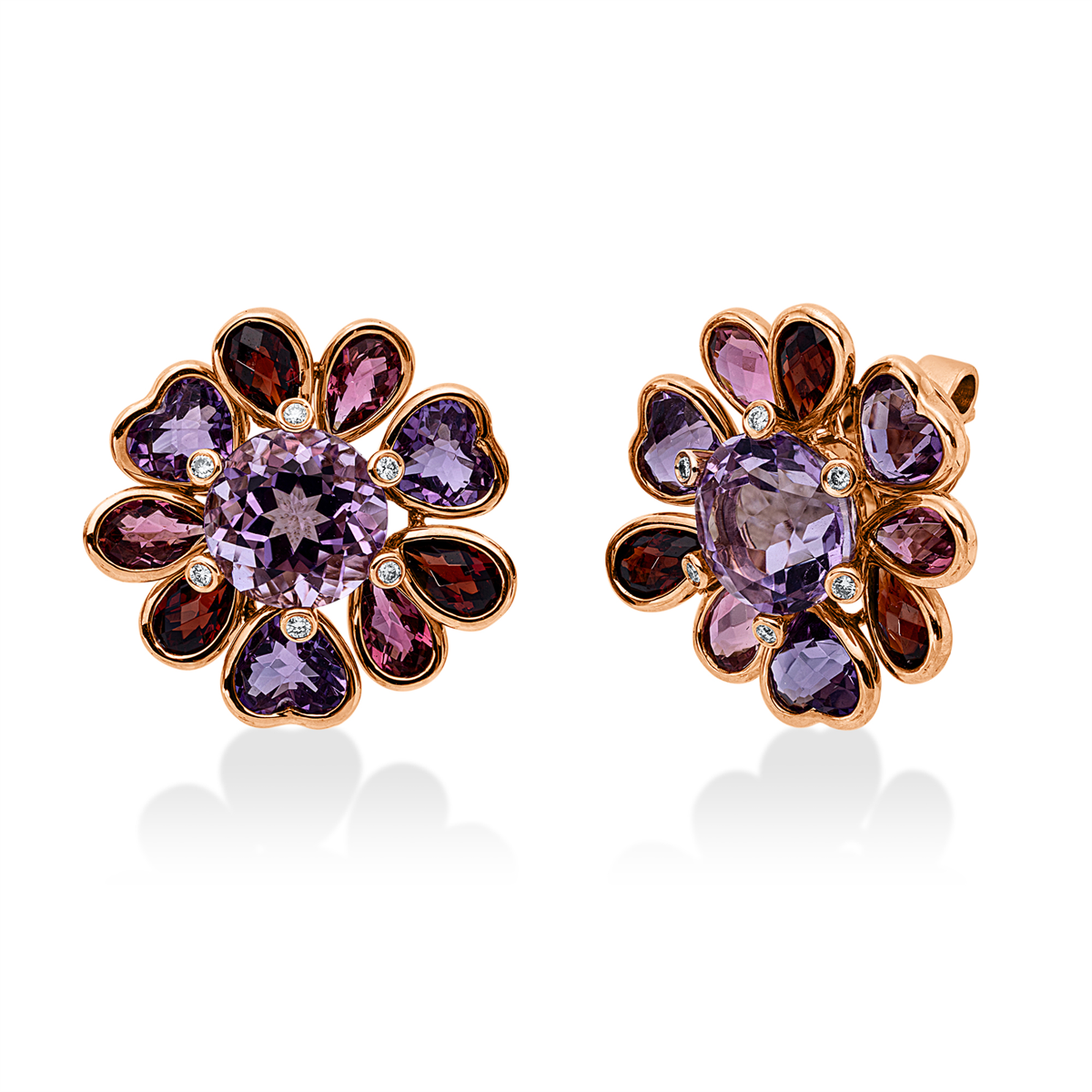 diamond full cut garnet colored stone fashion studs in red gold