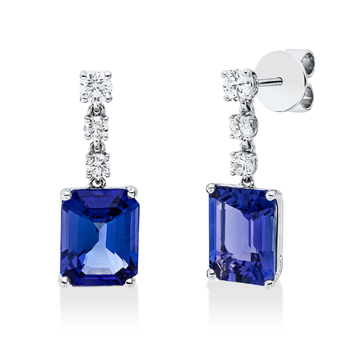 diamond full cut tanzanite colored stone classic earrings in white gold