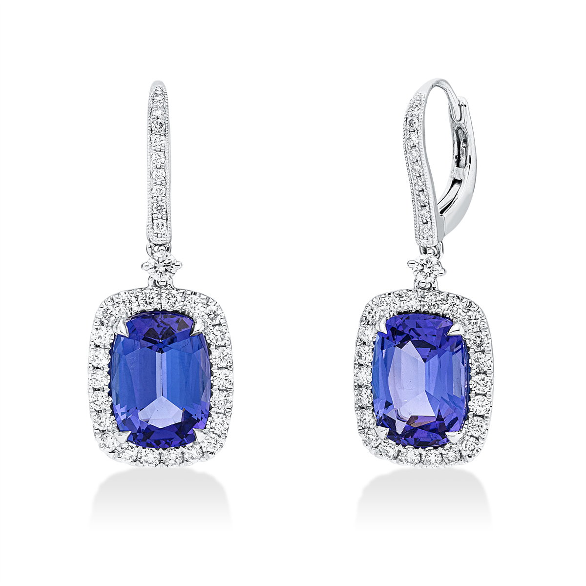 diamond full cut tanzanite colored stone classic earrings in white gold