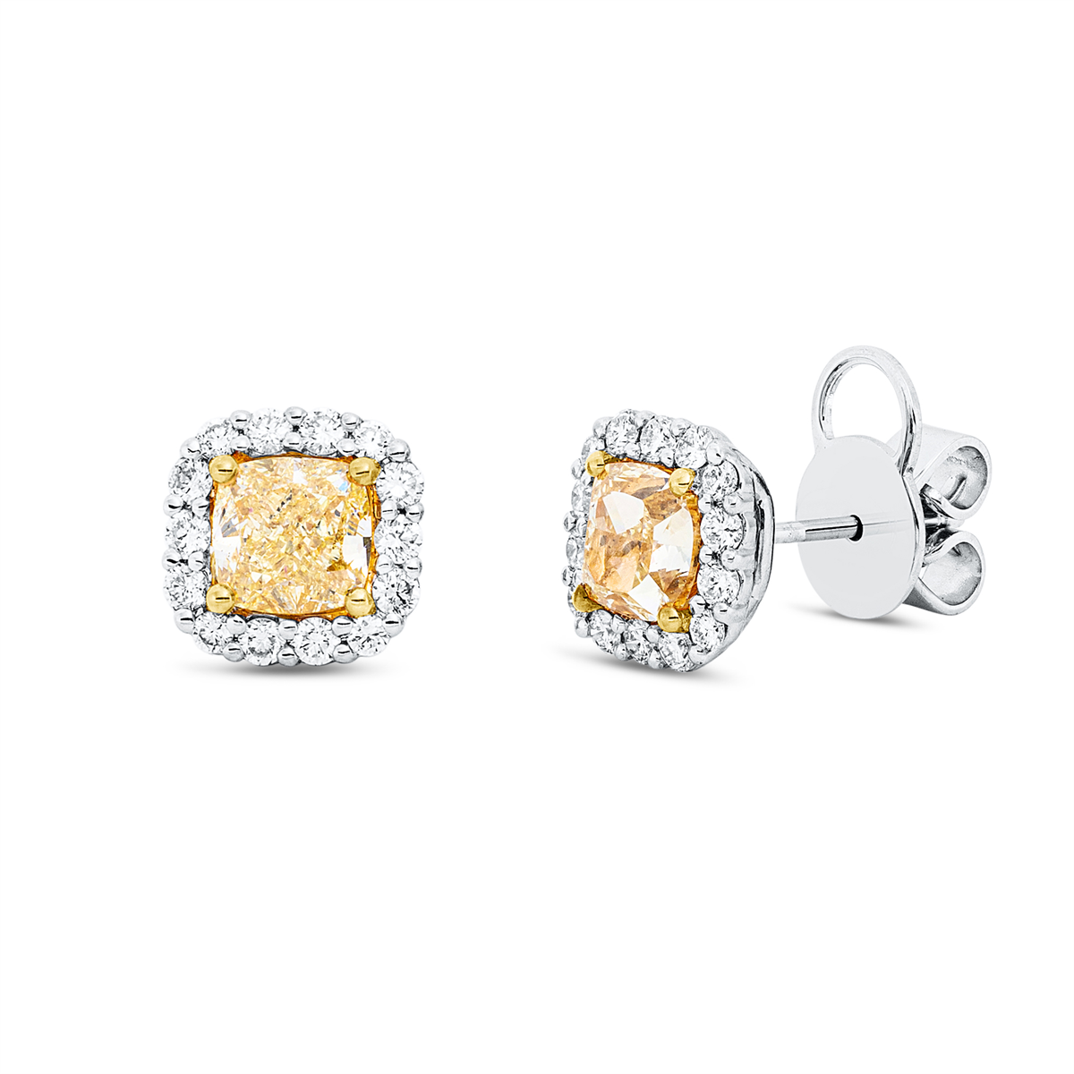 diamond full cut  fancy colored diamond studs in white gold / yellow gold