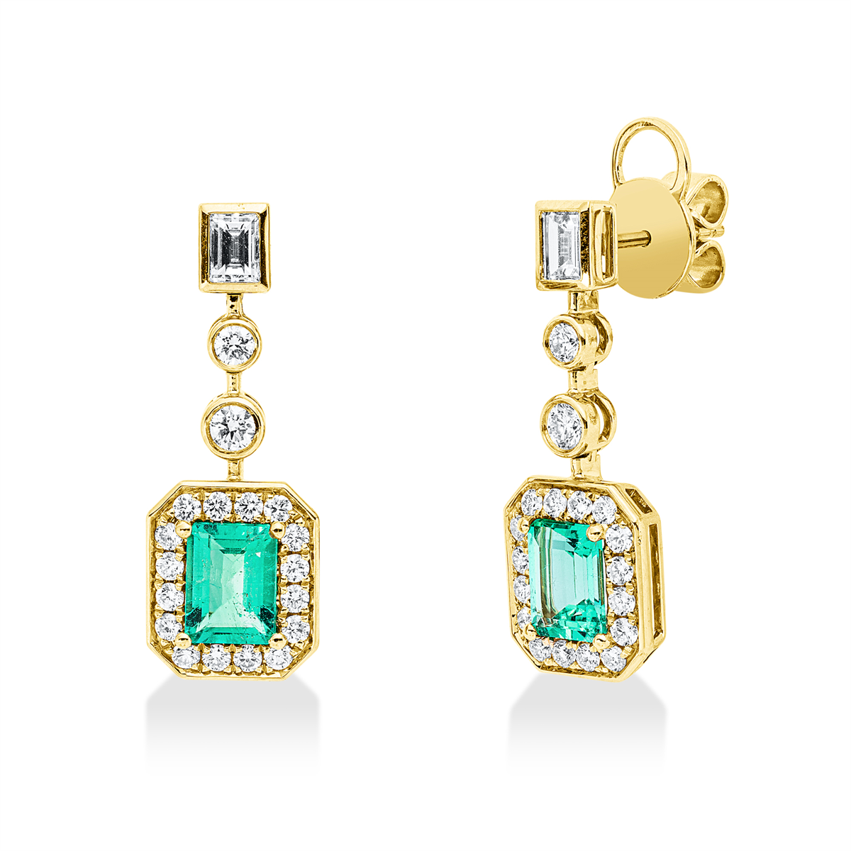 diamond full cut emerald colored stone classic earrings in yellow gold