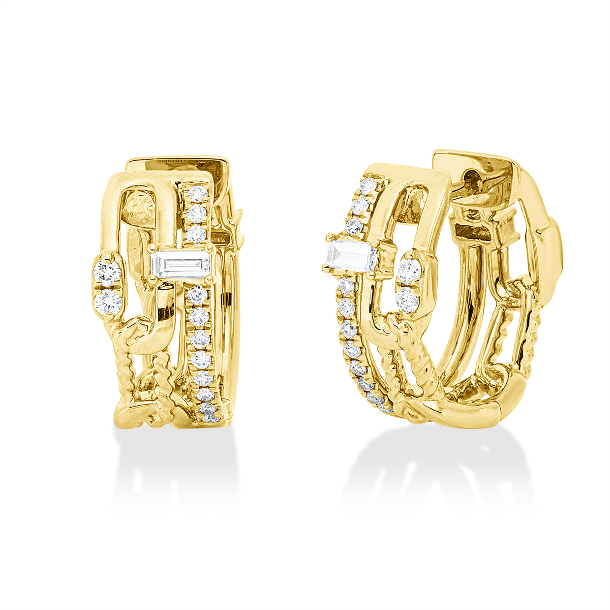 diamond full cut  baguette hoops & huggies in yellow gold
