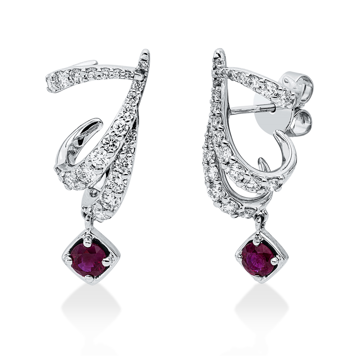 diamond full cut ruby colored stone classic earrings in white gold