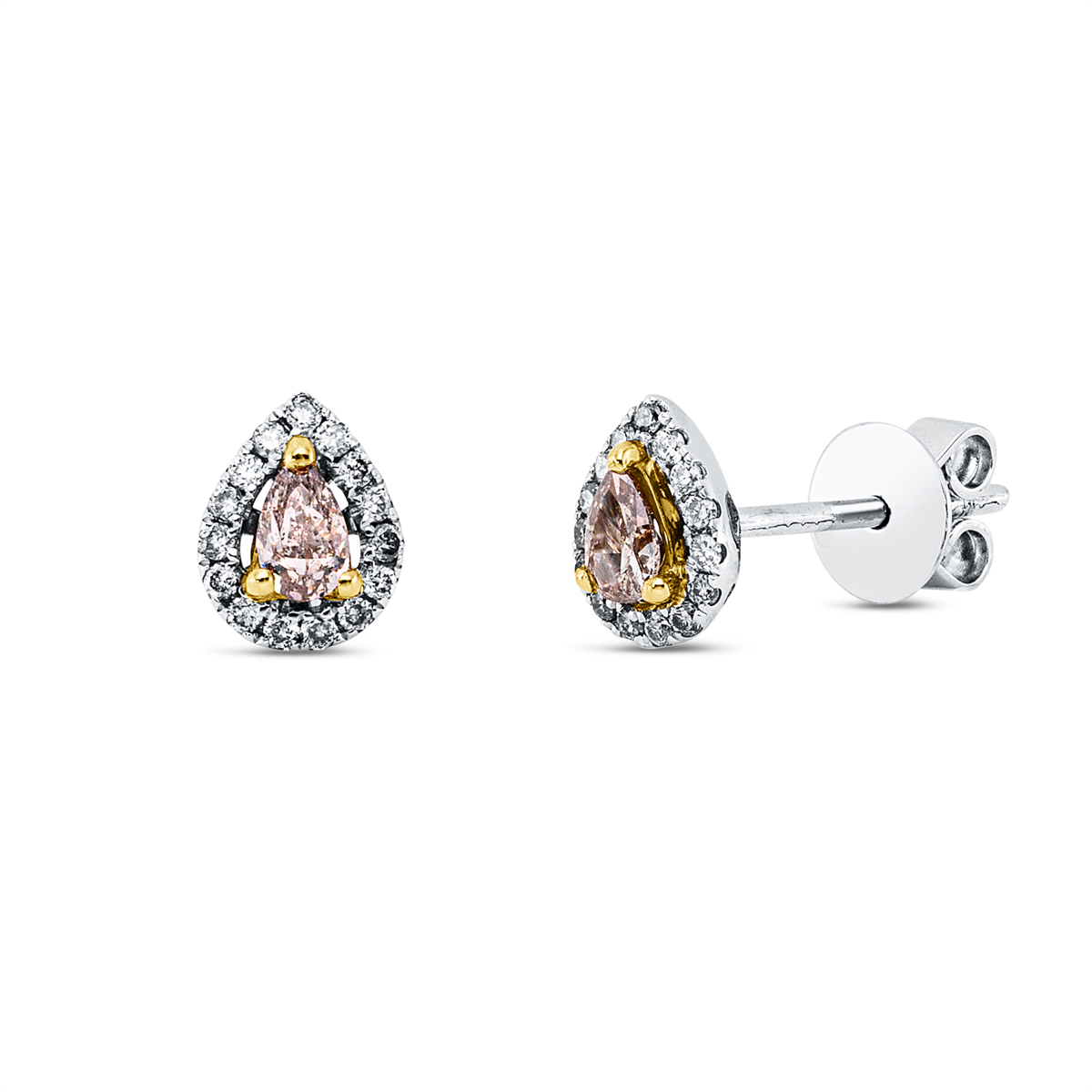 pear shape  fancy colored diamond studs in white gold