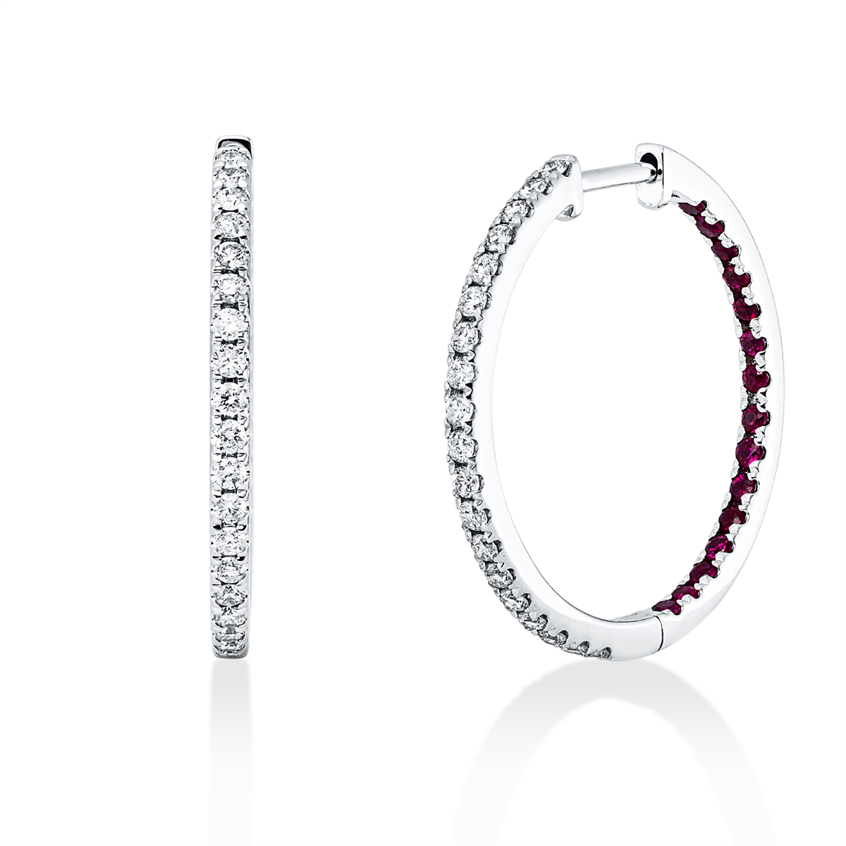 diamond full cut ruby colored stone classic hoops & huggies in white gold