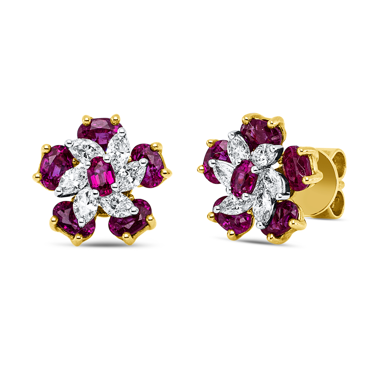 marquise ruby colored stone classic studs in yellow gold / white gold
