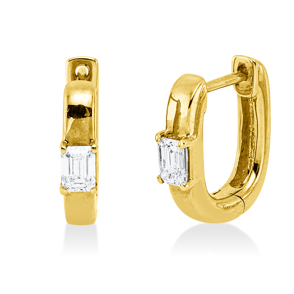 emerald cut  modern woman hoops & huggies in yellow gold