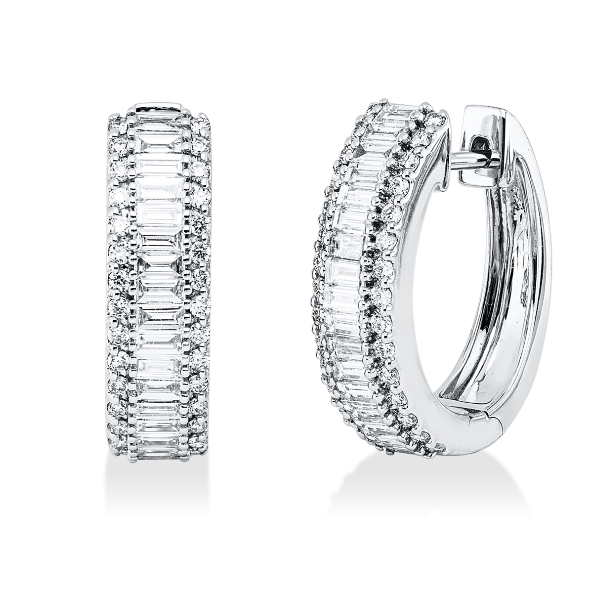 diamond full cut  baguette hoops & huggies in white gold