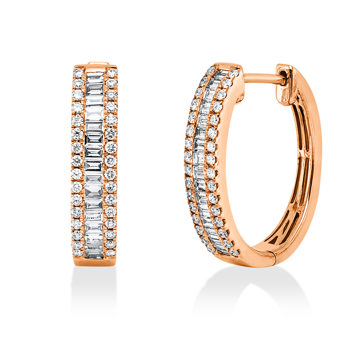 diamond full cut  baguette hoops & huggies in red gold