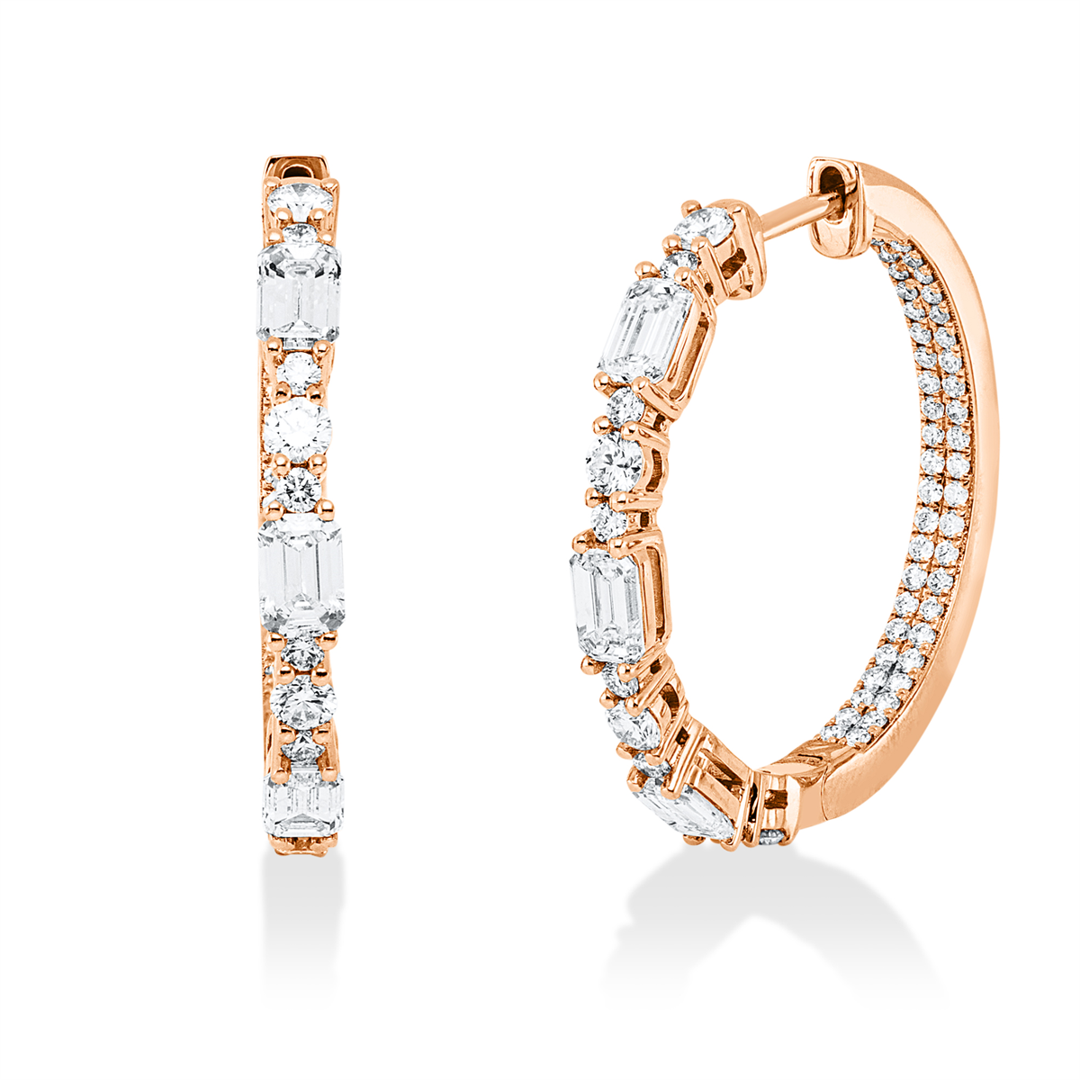 emerald cut  multi-stone hoops & huggies in red gold