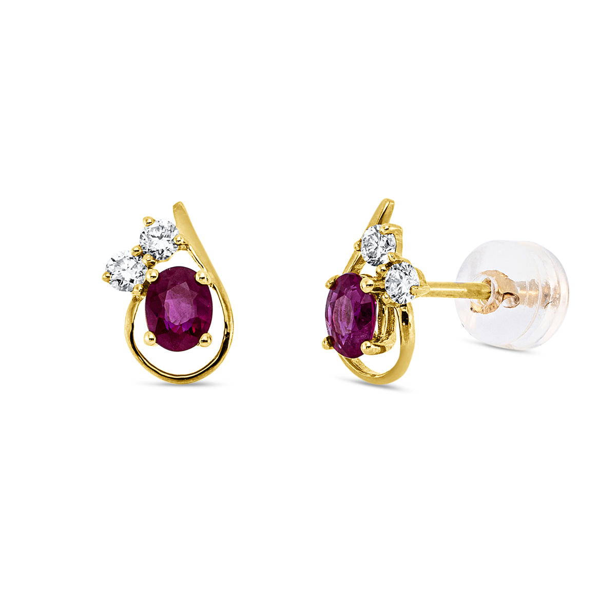 diamond full cut ruby colored stone classic studs in yellow gold