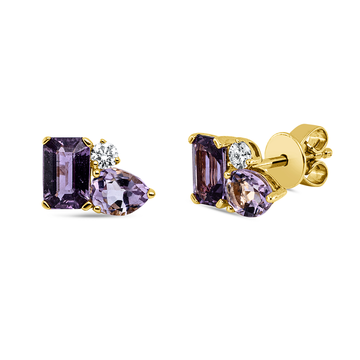 diamond full cut sapphire colored stone fashion studs in yellow gold
