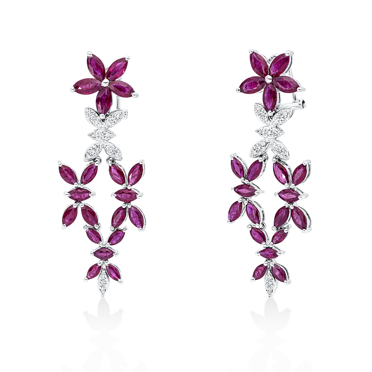 diamond full cut ruby colored stone classic earrings in white gold