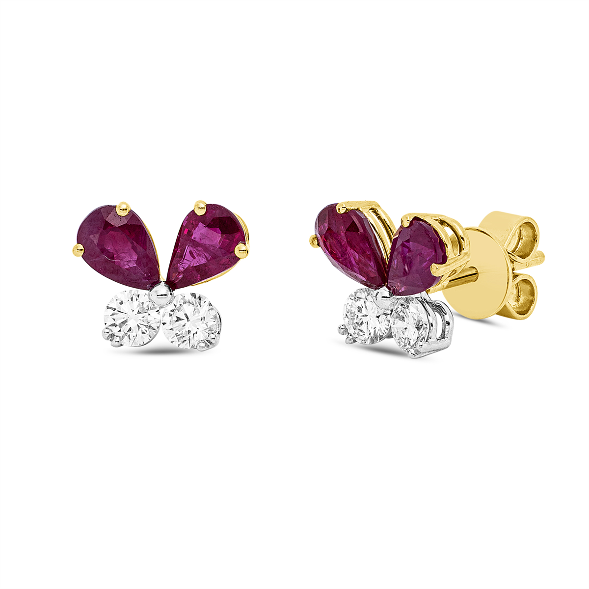 diamond full cut ruby colored stone classic studs in yellow gold / white gold