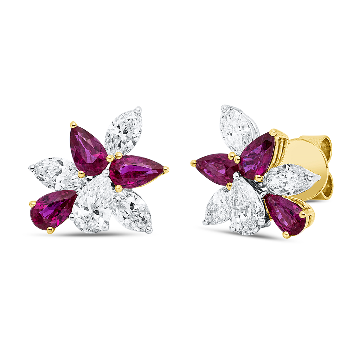 pear shape ruby colored stone classic studs in yellow gold / white gold