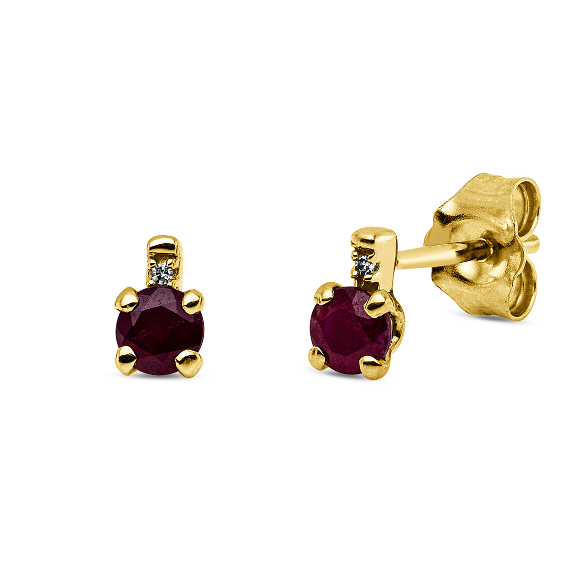 diamond single cut ruby colored stone classic studs in yellow gold
