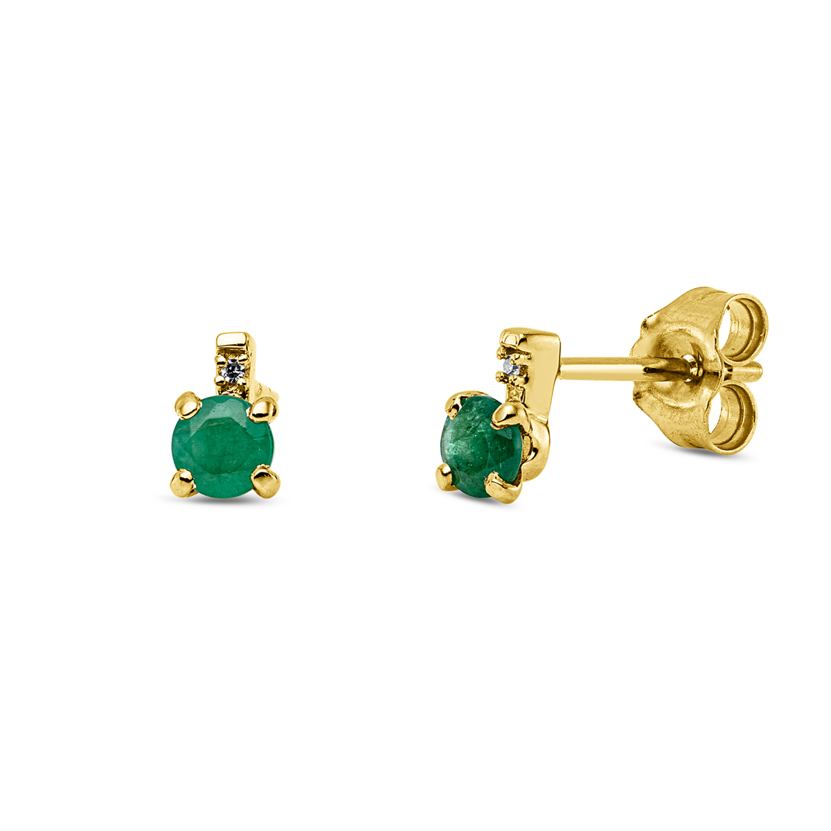 diamond single cut emerald colored stone classic studs in yellow gold