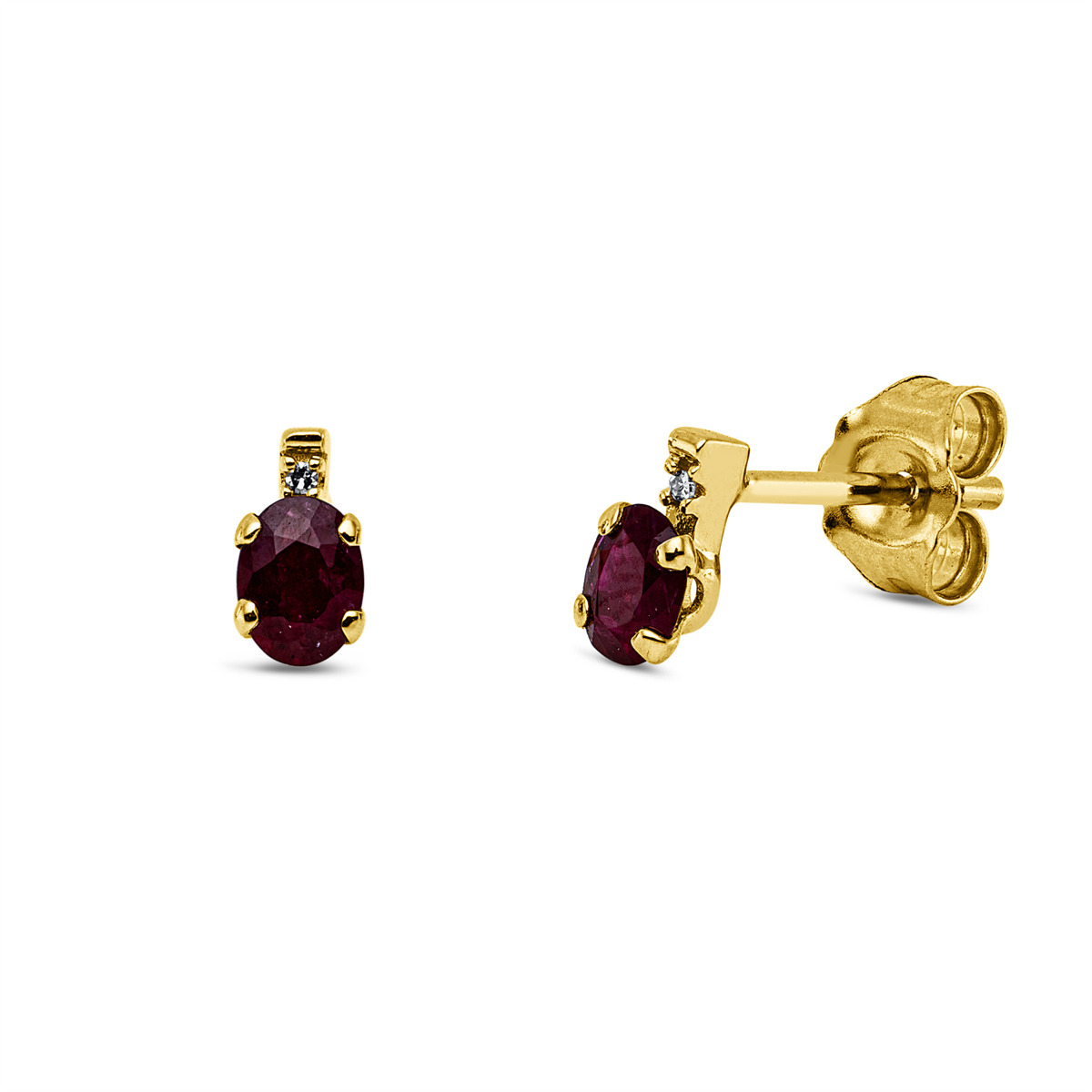 diamond single cut ruby colored stone classic studs in yellow gold