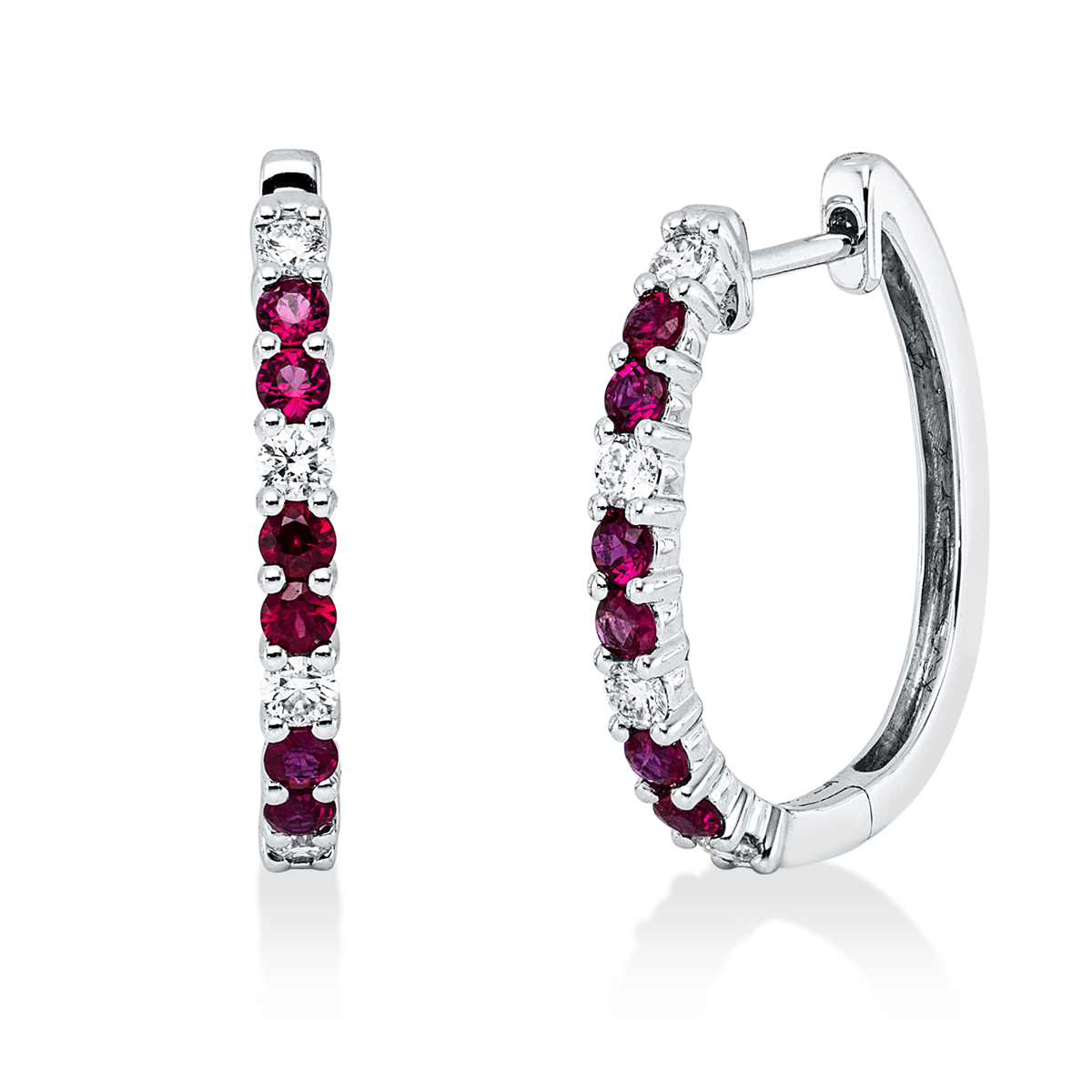 diamond full cut ruby colored stone classic hoops & huggies in white gold
