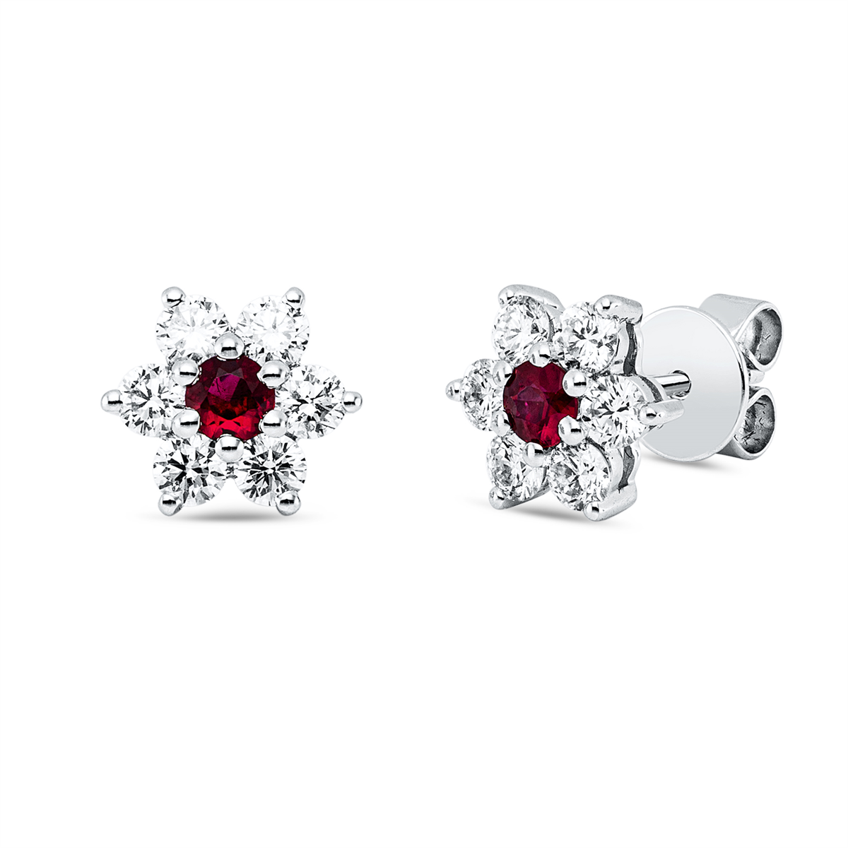 diamond full cut ruby colored stone classic studs in white gold