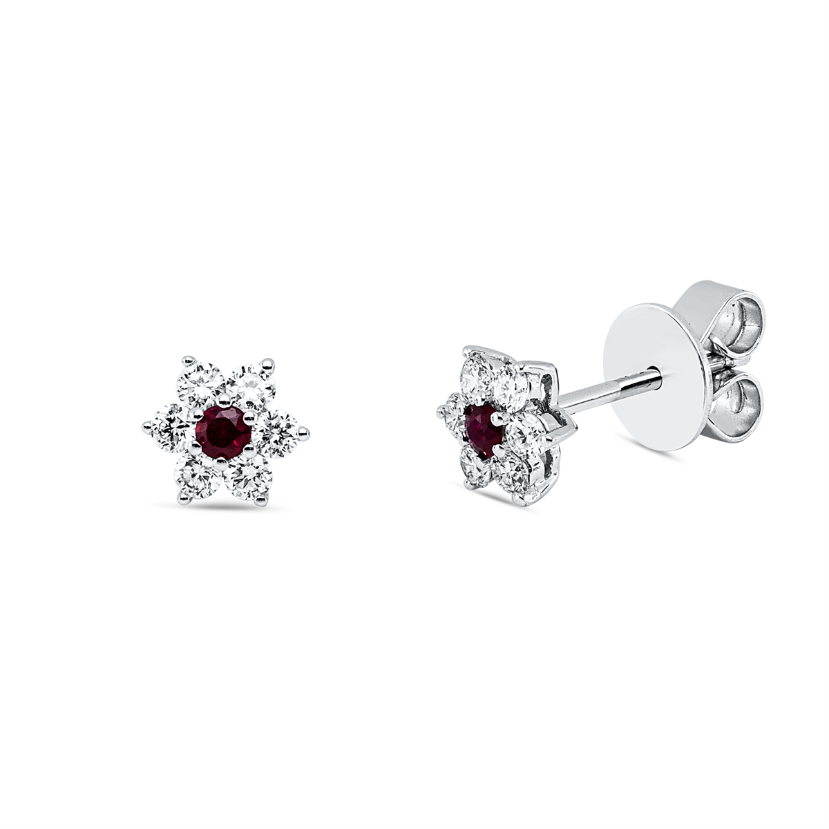 diamond full cut ruby colored stone classic studs in white gold