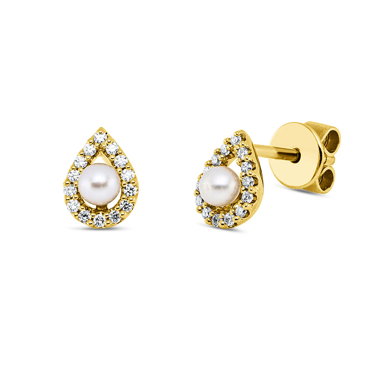 diamond full cut  pearl studs in yellow gold