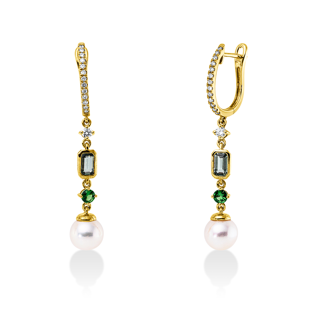 diamond full cut sapphire pearl earrings in yellow gold