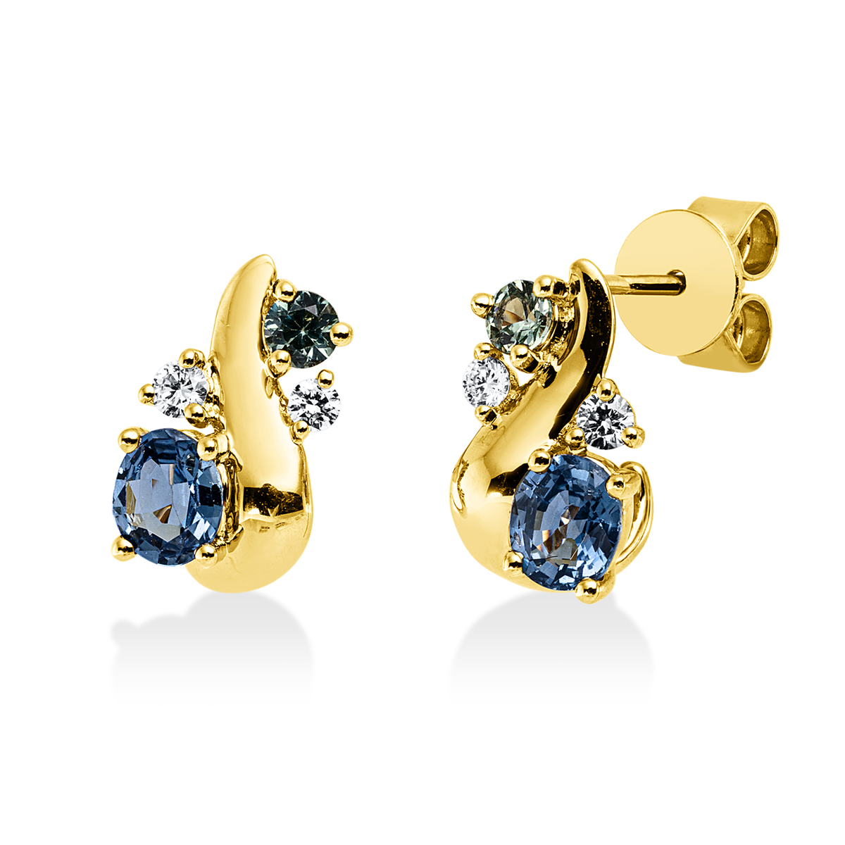 diamond full cut sapphire colored stone classic earrings in yellow gold