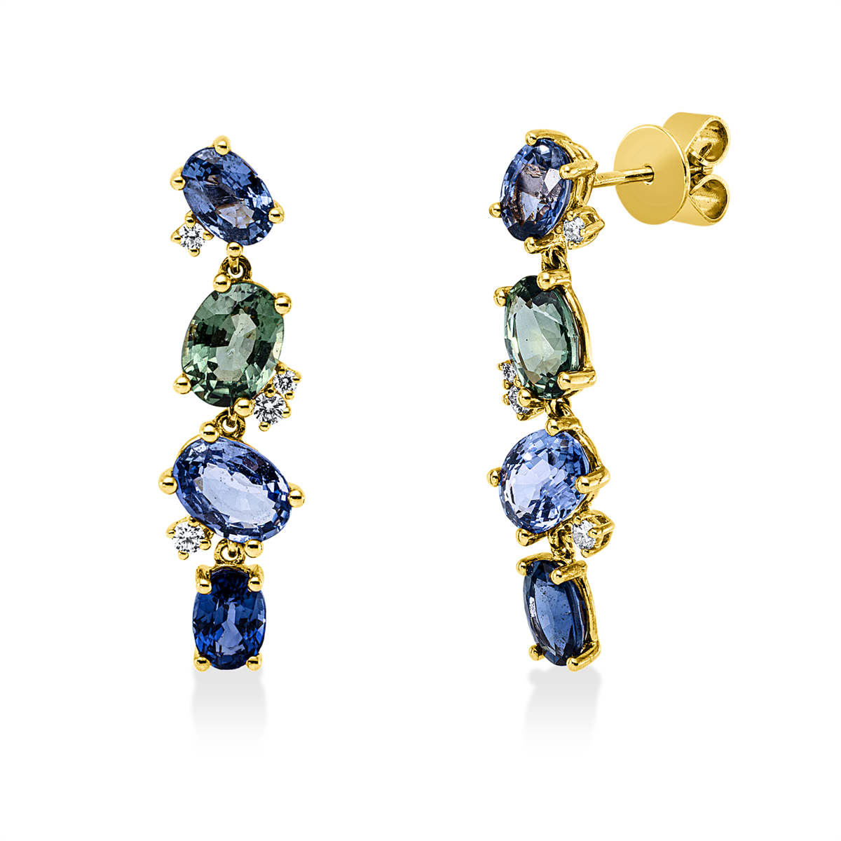 diamond full cut sapphire colored stone classic earrings in yellow gold