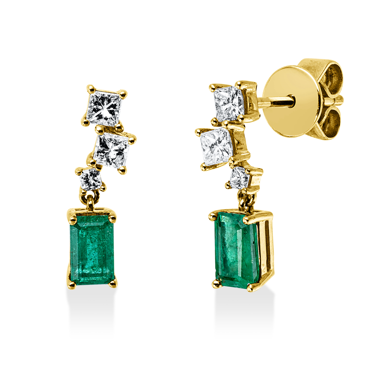 princess emerald colored stone classic studs in yellow gold