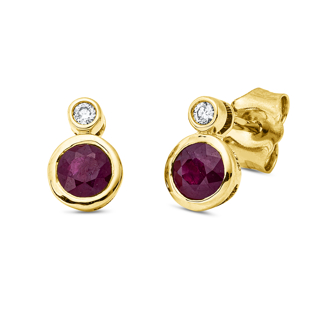 diamond full cut ruby colored stone classic studs in yellow gold