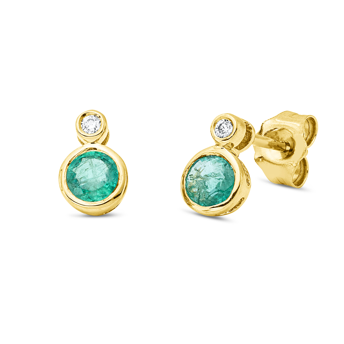 diamond full cut emerald colored stone classic studs in yellow gold