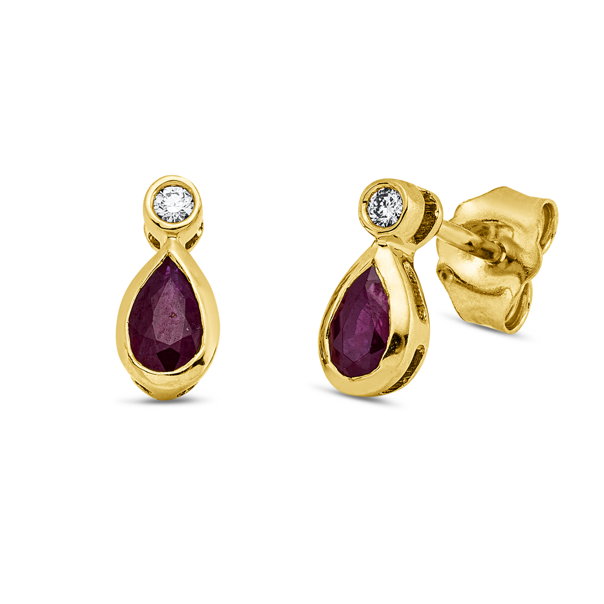 diamond full cut ruby colored stone classic studs in yellow gold