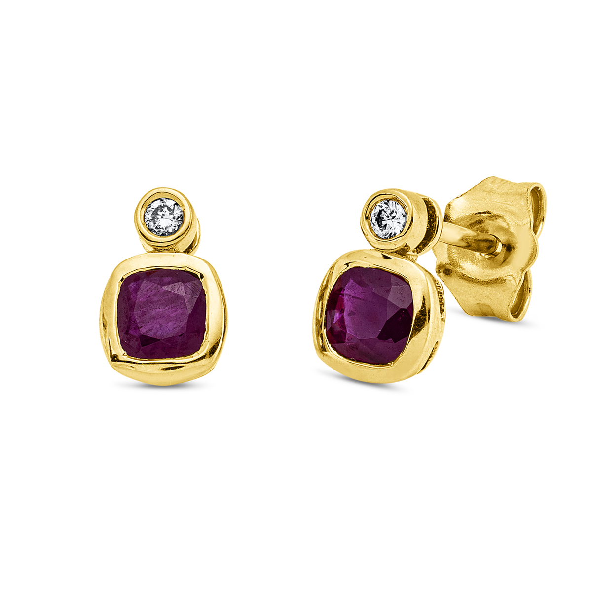 diamond full cut ruby colored stone classic studs in yellow gold