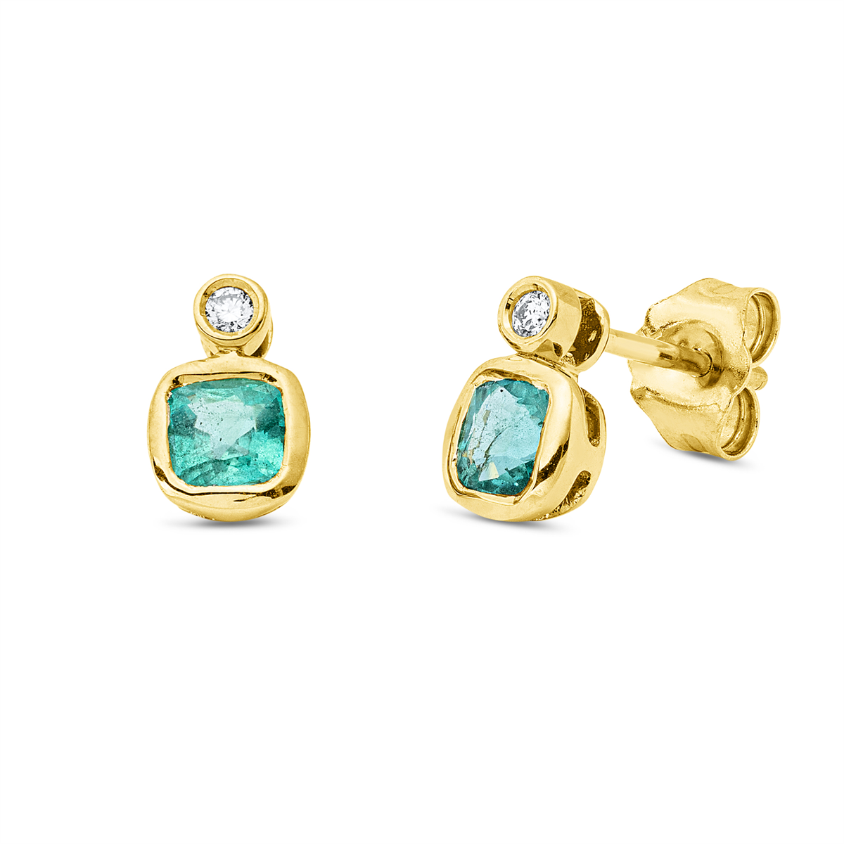 diamond full cut emerald colored stone classic studs in yellow gold