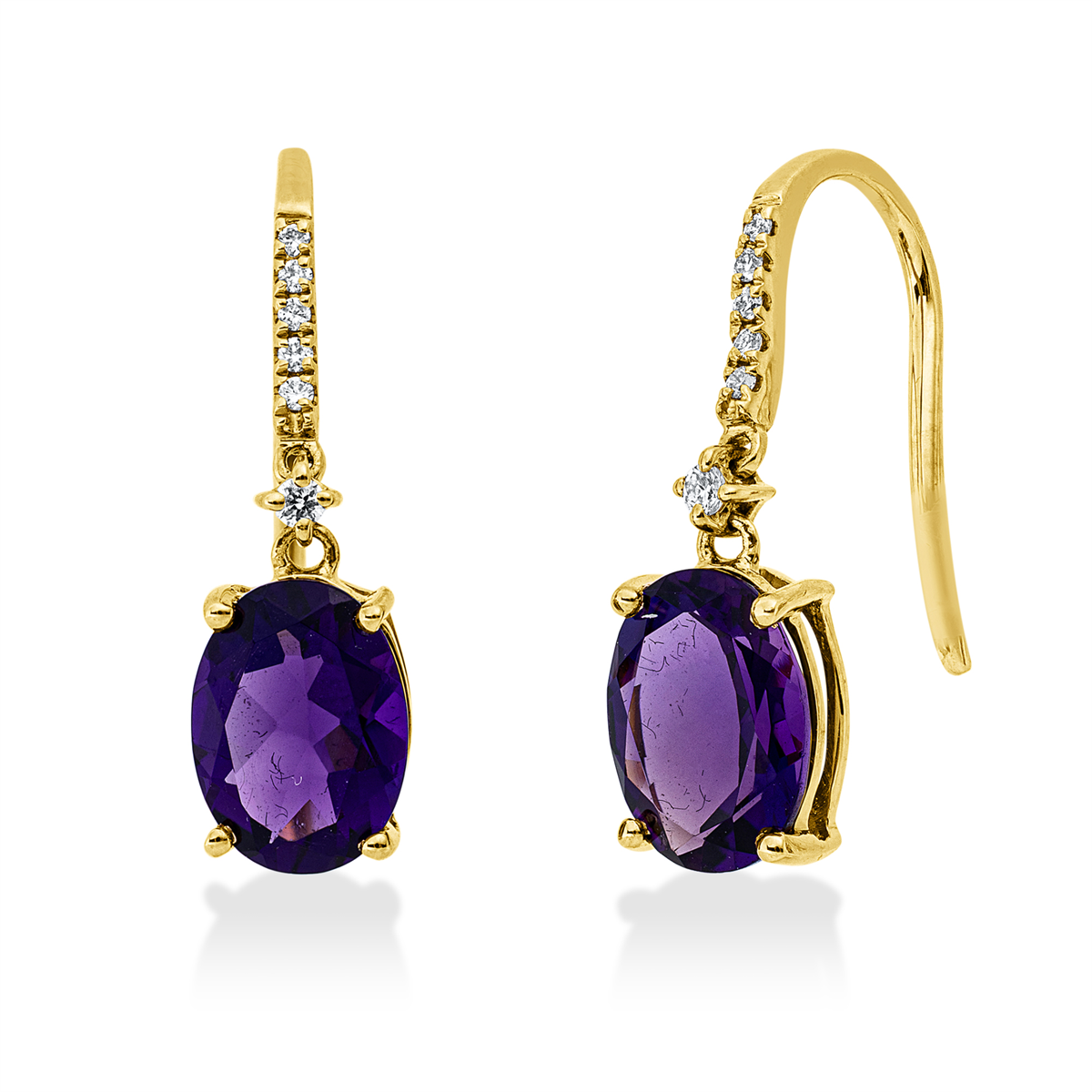 diamond full cut amethyst colored stone fashion earrings in yellow gold