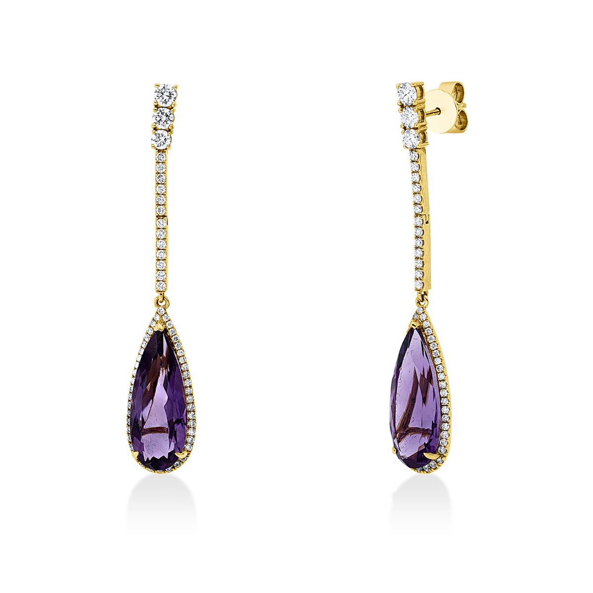 diamond full cut amethyst colored stone fashion earrings in yellow gold