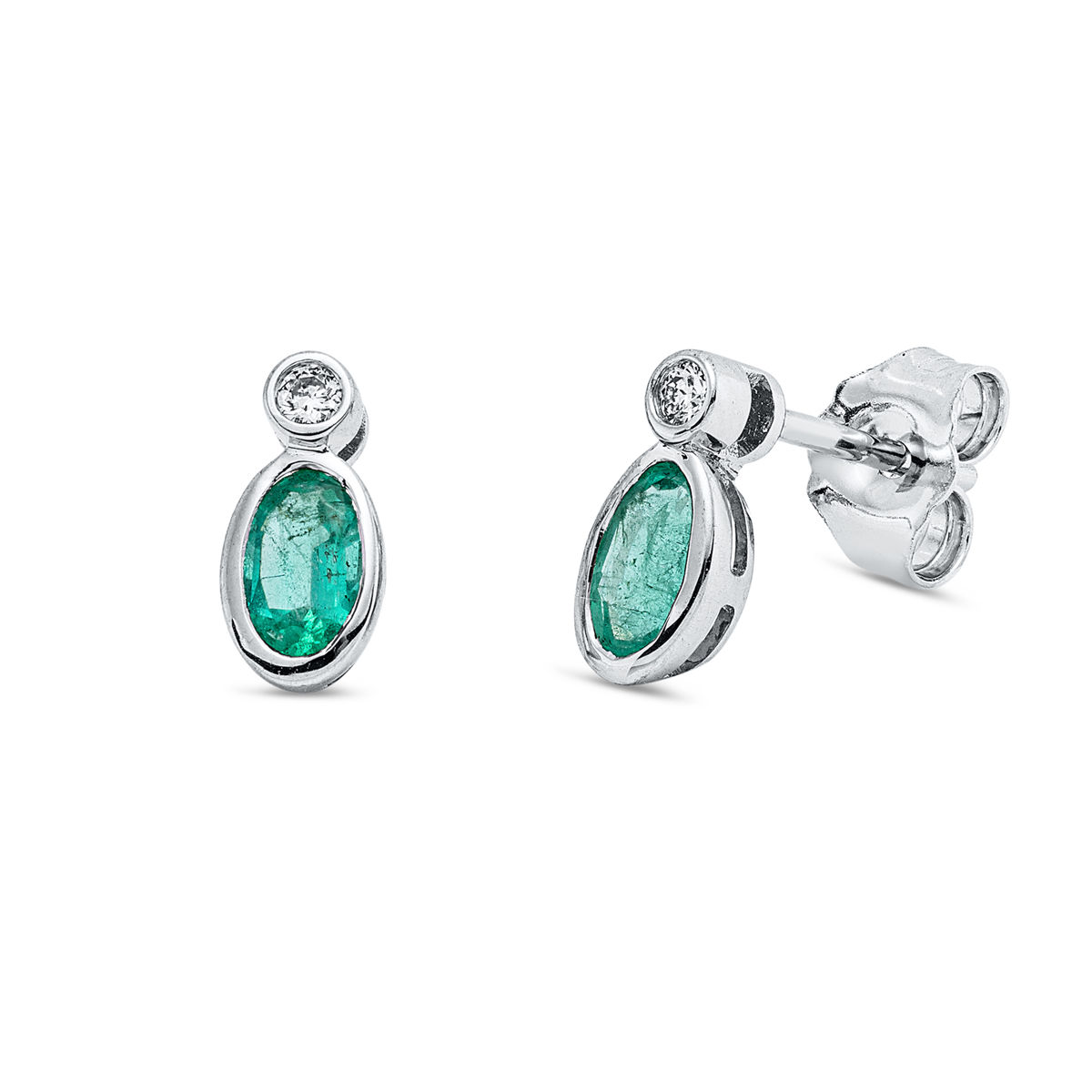 diamond full cut emerald colored stone classic studs in white gold